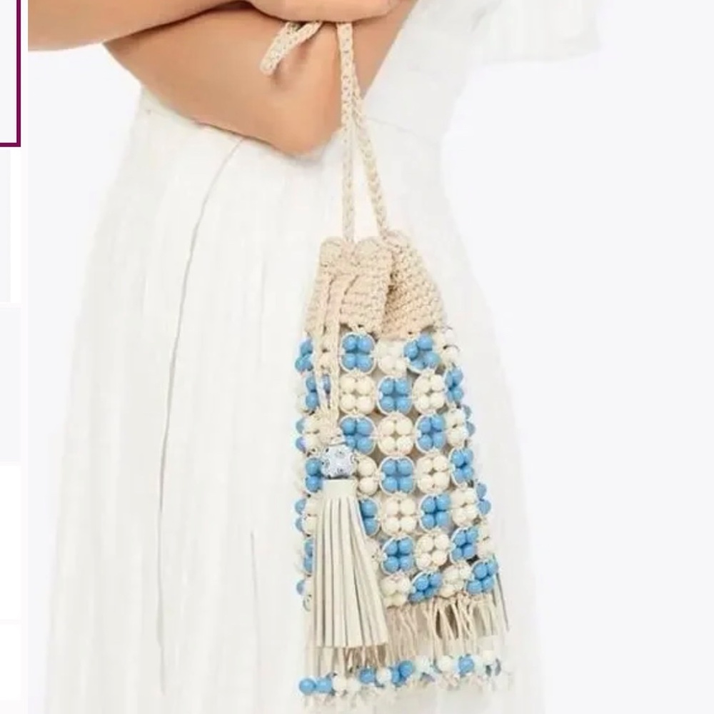 *SOLD* TORY BURCH Beaded Drawstring Mini Bag - Blue Multi - Crochet - NWOT - Picture 2 of 10